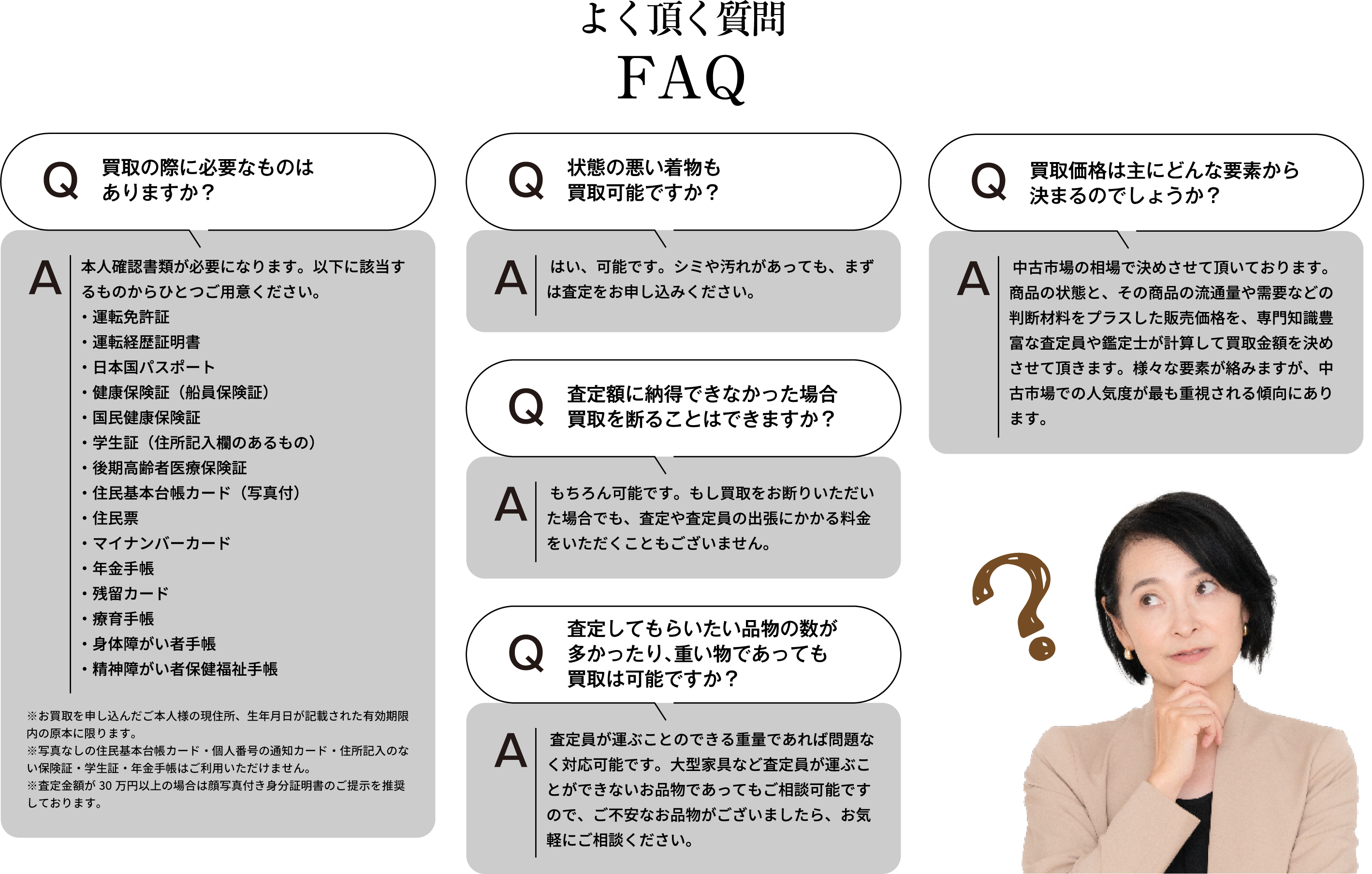 よく頂く質問 買取の際に必要なものはありますか？ 本人確認書類が必要になります。以下に該当するものからひとつご用意ください。・運転免許証・運転経歴証明書・日本国パスポート・健康保険証(船員保険証)・国民健康保険証・学生証(住所記入欄のあるもの)・後期高齢者医療保険証・住民基本台帳カード(写真付)・住民票・マイナンバーカード・年金手帳・残留カード・療育手帳・身体障がい者手帳・精神障がい者保健福祉手帳 ※お買取を申し込んだご本人様の現住所、生年月日が記載された有効期限内の原本に限ります。※住民票・写真なしの住民基本台帳カード・個人番号の通知カード・住所記入のない保険証・学生証・年金手帳はご利用いただけません。※査定額が30万円以上の場合は顔写真付き身分証明書のご提示を推奨しております。 状態の悪い物も買取可能ですか？ はい、可能です。シミや汚れがあっても、まずは査定をお申し込みください。 査定額に納得できなかった場合、買取を断ることはできますか？ もちろん可能です。もし買取をお断りいただいた場合でも、査定や査定員の出張にかかる料金をいただくこともございません。査定してもらいたい品物の数が多かったり、重いものであっても買取は可能ですか？ 査定員が運ぶことのできる重量であれば問題なく対応可能です。大型家具など査定員が運ぶことができないお品物であってもご相談可能ですので、ご不安なお品物がございましたら、お気軽にご相談ください。 買取価格は主にどんな要素から決まるのでしょうか？ 中古市場の相場で決めさせて頂いております。商品の状態と、その商品の流通量や需要などの判断材料をプラスした販売価格を、専門知識豊富な査定員や鑑定士が計算して買取金額を決めさせて頂きます。様々な要素が絡みますが、中古市場での人気度が最も重視される傾向にあります。