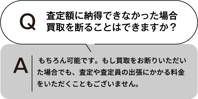査定額に納得できなかった場合、買取を断ることはできますか？ もちろん可能です。もし買取をお断りいただいた場合でも、査定や査定員の出張にかかる料金をいただくこともございません。
